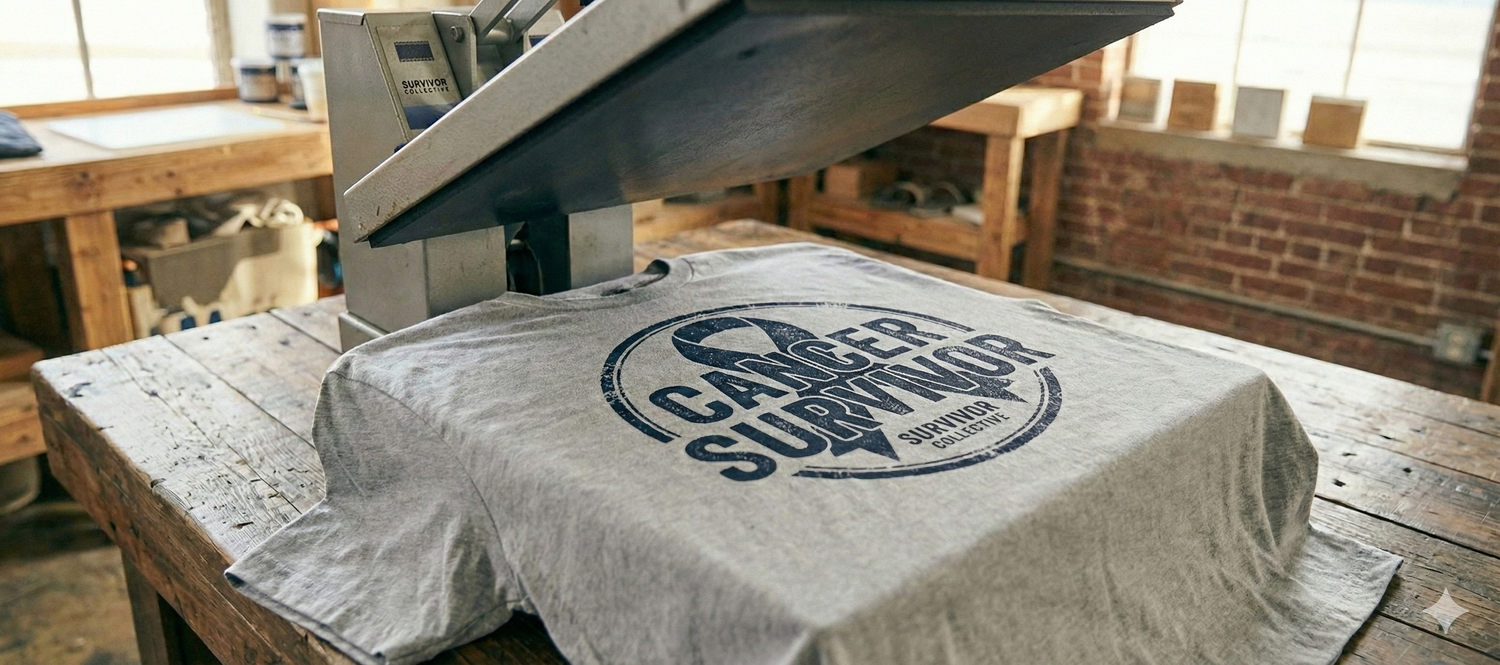 A screen-printed T-shirt on a workbench, mid-production, showing a survivor message being printed onto fabric.