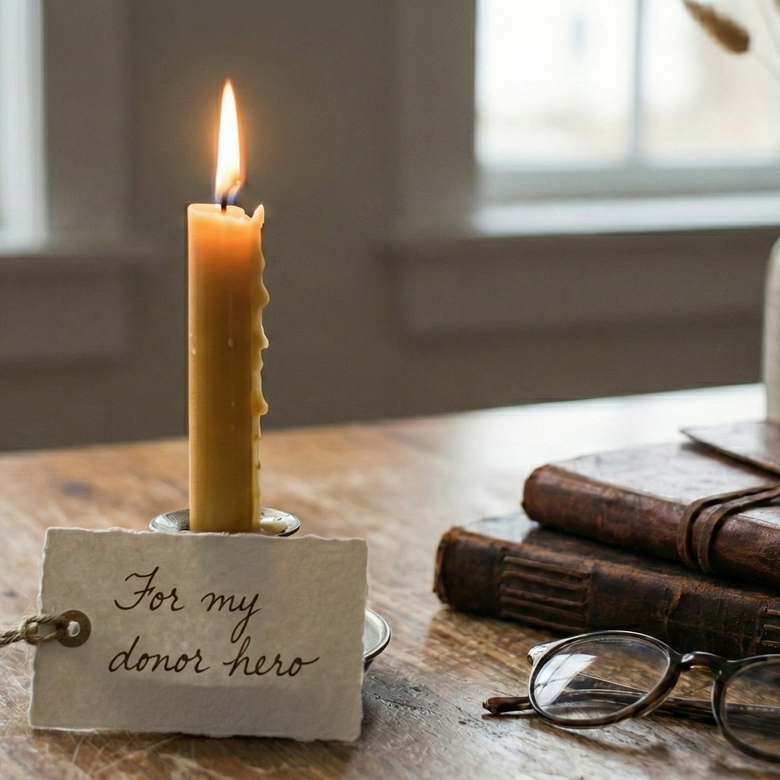 Candle with a tag reading 'For my donor hero' on a wooden surface with books and glasses.