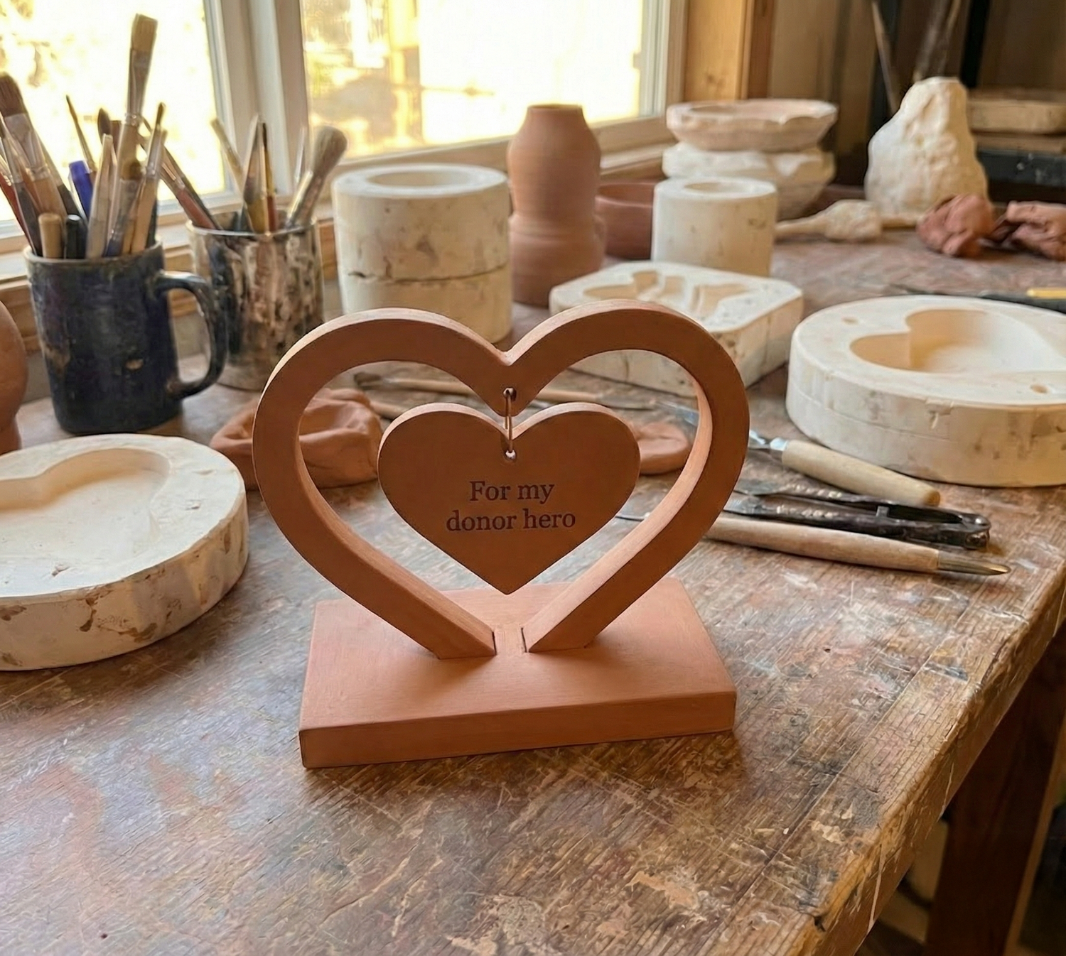 A heart-shaped wooden keepsake engraved in memory of a donor, resting on a workbench among tools and materials.