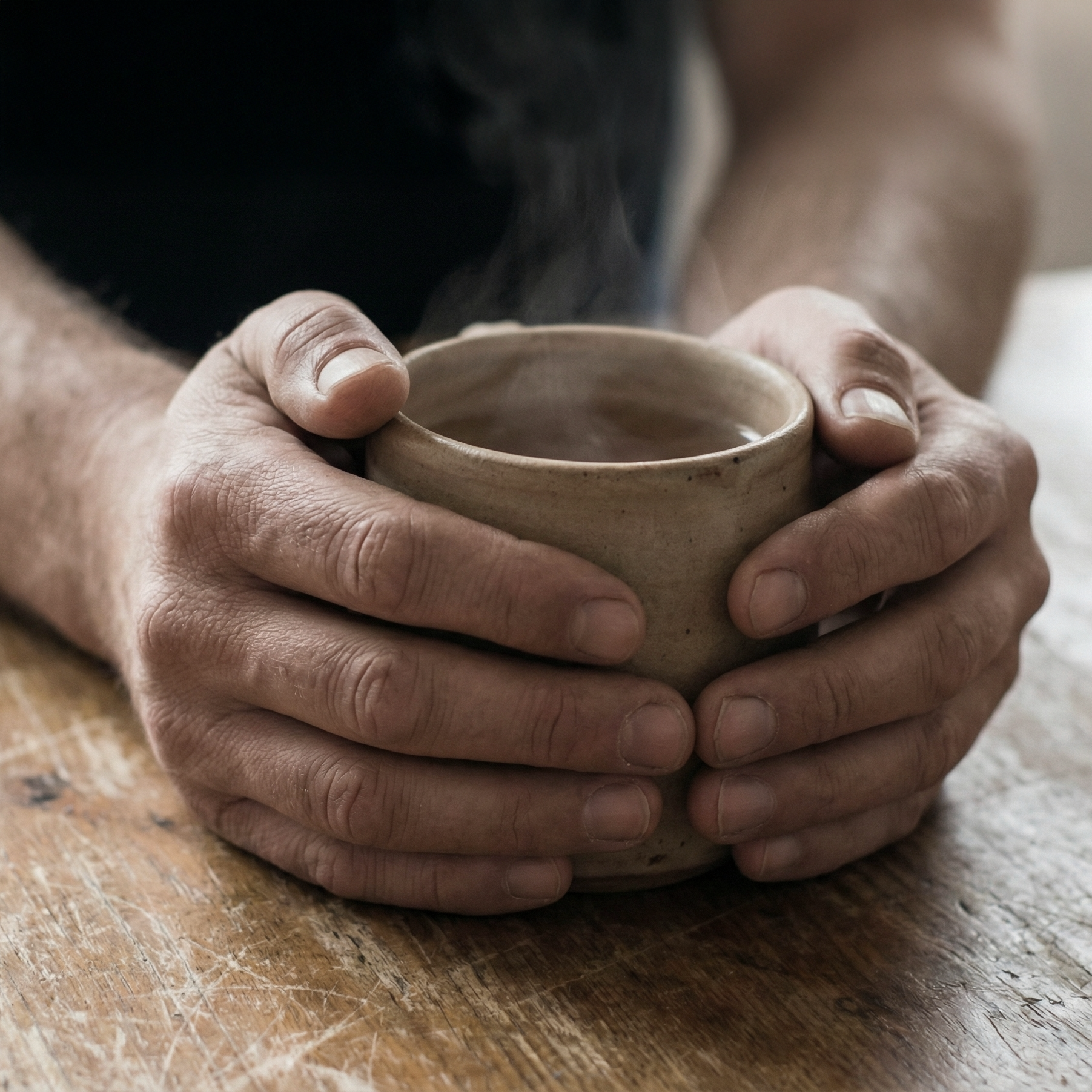 Hands holding a ceramic cup on a wooden surface